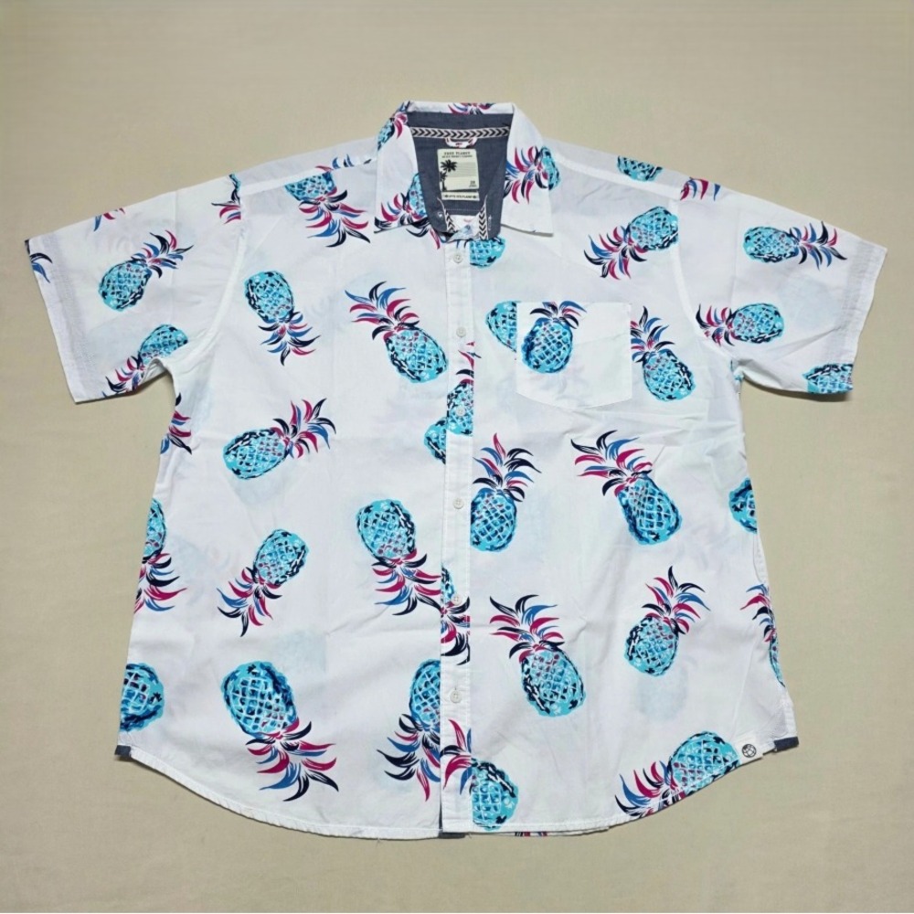 Free Planet Men 2X Pineapple Print Short Sleeve Button Up Shirt White Reg Fit